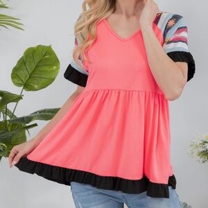 HOT PINK V-NECK TUNIC WITH AZTEC PRINT DETAIL - NEW WITH TAGS